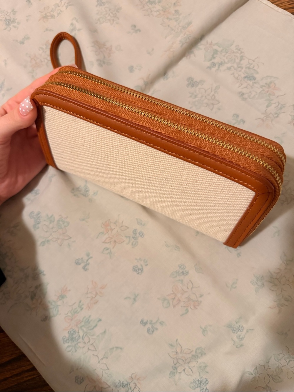 Canvas and Tan Leather Double-Zip Wristlet